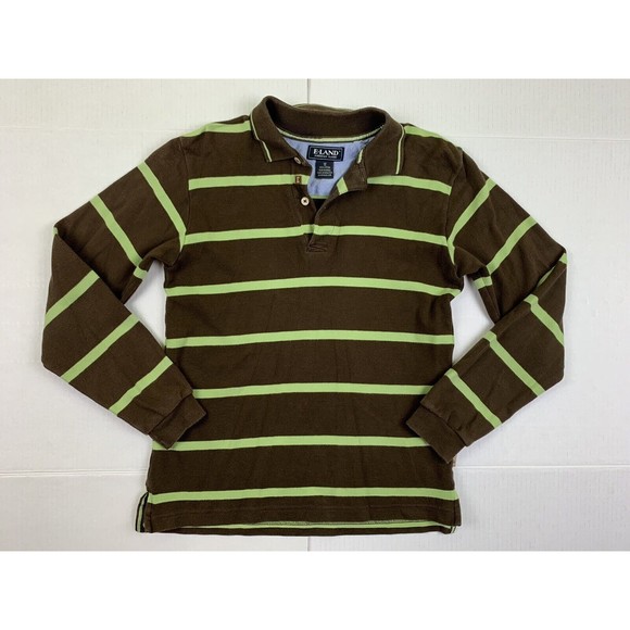 E.Land Boys Size 12 Polo Brown Stripped Green 1/4 Buttons Pullover Sweatshirt - Picture 1 of 9